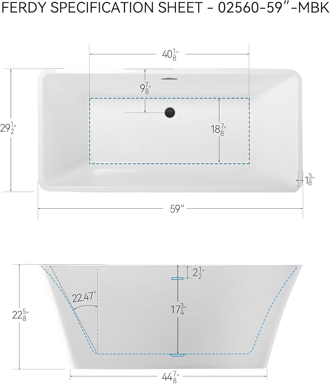 FerdY Sentosa 59" Acrylic Freestanding Bathtub, Contemporary Design Soaking Tub with Matte Black Drain and Minimalist Linear Design Overflow, Easy to Install
