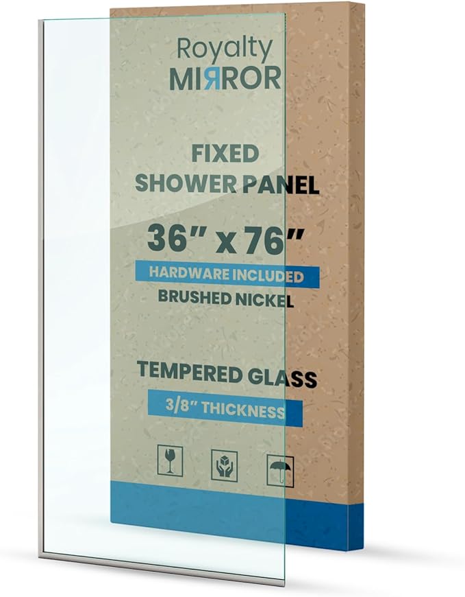 Royalty Fixed Shower Screen - 36" x 76" Frameless 3/8" Clear Tempered Glass Panel with Hardware - Easy Clean Smart Guard Coating - Minimalist Modern Design for Bathroom - Brushed Nickel