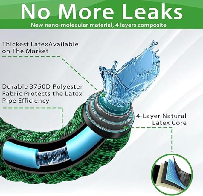 J&B XpandaHose 75ft Expandable Garden Hose with Holder - Heavy Duty Superior Strength 3750D - 4 -Layer Latex Core - Extra Strong Brass Connectors and 10 Spray Nozzle w/Storage Bag (Green 75)
