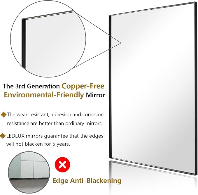24x30 Inch Black Bathroom Mirror, Copper-Free Mirror, Aluminum Alloy Frame Vanity Mirror, Rectangle Wall Mounted Mirror, Modern Mirror for Bedroom/Living Room/Porch Horizontal or Vertical