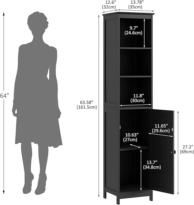 RRX Tall Bathroom Storage Cabinet,Slim Bathroom Cabinet with Door &Shelf,13.8" L*12.6" W*63.4" H,Freestanding Narrow Cabinet with Anti-Tip,Storage for Kitchen,Entryway (Black)