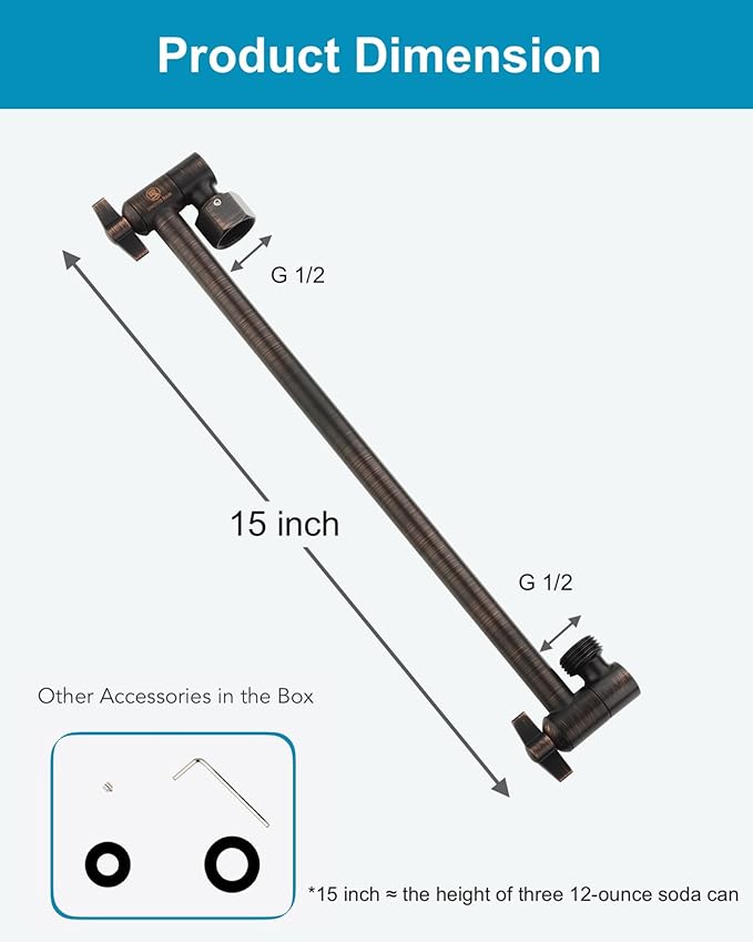 15 Inch Extra Long Adjustable Shower Head Extension Arm With Locking Set Screw, Singing Rain Brass Angle Height Adjustable, Easy To Install, G1/2 Universal Connector Compatible (Oil Rubber Bronze)