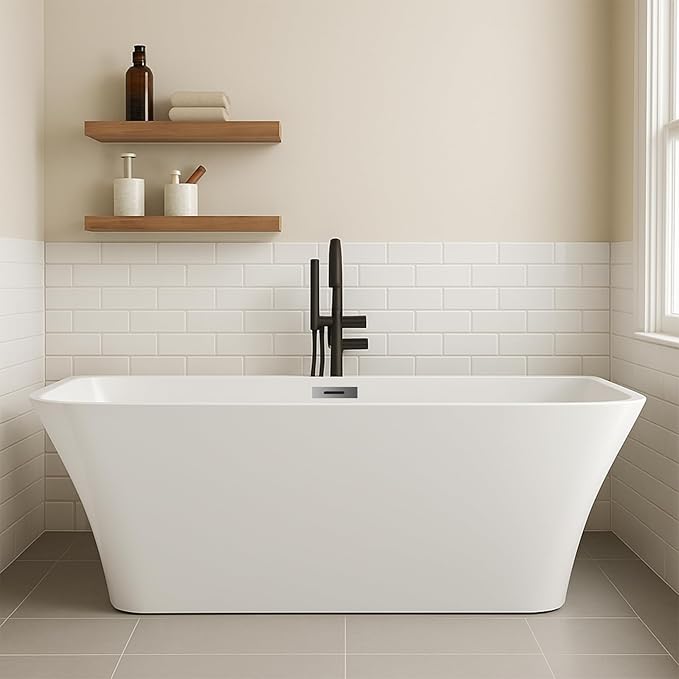 59 Inch Acrylic Soaking Bathtub, Modern Stand Alone Tub for Adults with Sloped Backrest, Chrome Drain & Overflow, cUPC Certified, Easy Installation, White Oval Bath