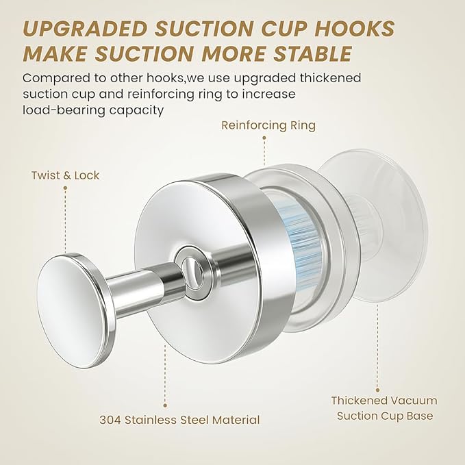 BKV Suction Cup Hooks for Glass Window,Removable Shower Hooks for Inside Shower,Metal Towel Hooks for Bathrooms,4 Pack(Mirror)