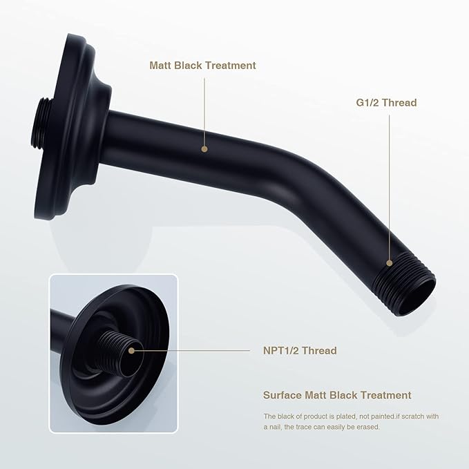 6 Inch Angled Shower Arm with Flange Stainless Steel Wall Mounted Extension Arm for Top Shower Head,Matte Black