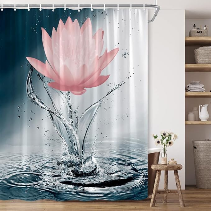 Lotus Shower Curtain Black White Blue Red Flower Elegant Blooming Floral with Dew Spring Flower Reflection on Water Modern Romantic Polyester Fabric Bathroom Decor 70×90 Inch with Hook
