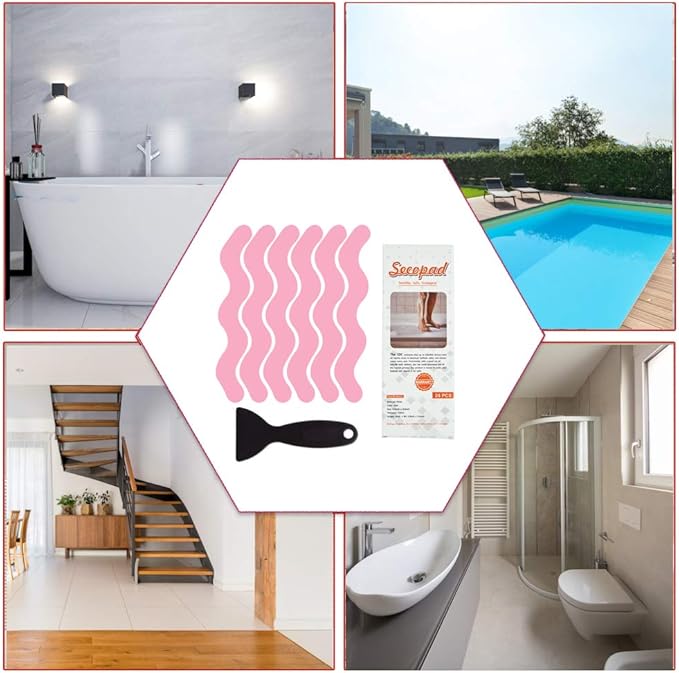 Anti Slip Shower Stickers, Adhesive Decals Safety Strips Scraper for Bath Tub, Shower, Stairs, 24 Pieces (Pink)