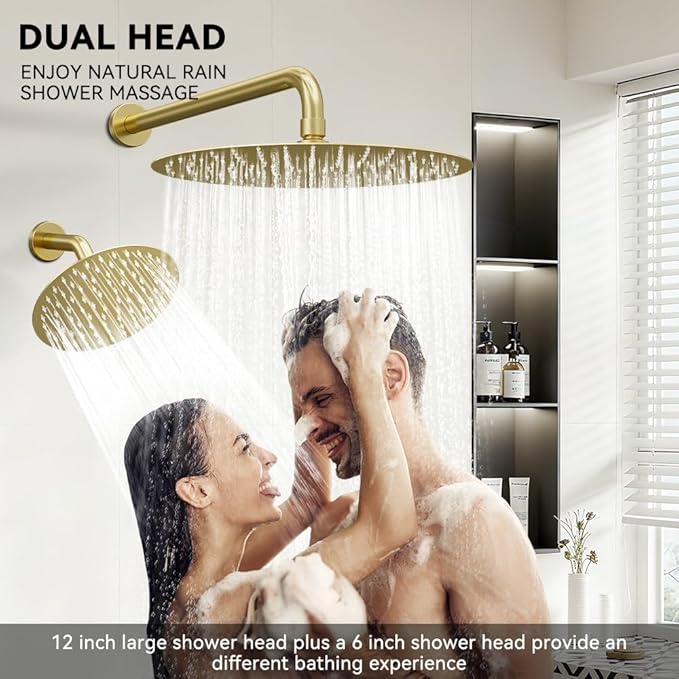 Shower Systems STARBATH 12+6" Round Dual Rainfall Shower Head with Handheld Spray for Two People, Wall Mounted 3 Way Rain Shower Faucet Sets Complete, Included Valve and Trim Kit, Brushed Gold