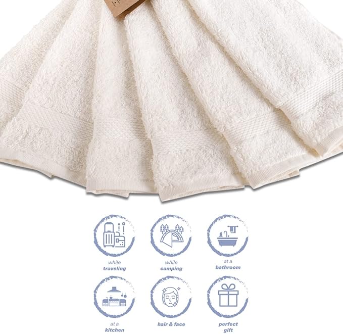 Hencely Premium 6-Pack Washcloths 12x12 Inches Soft Turkish Cotton High Absorbent and Quick Dry Dishtowel for Kitchen and Bath (Wash Cloth 6 Pack, Ivory)