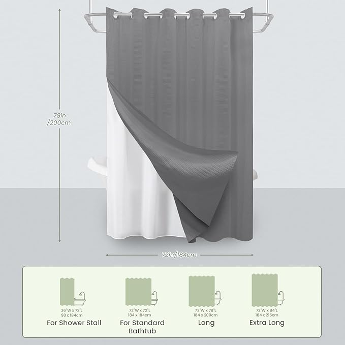 Inhousolu No Hook Waffle Weave Shower Curtain with Removable Snap in Fabric Liner Set for Bathroom, 230 GSM Heavy Duty Weighted Hem, Water Repellent Washable Bath Curtains, 72 x 78 Inch, Grey