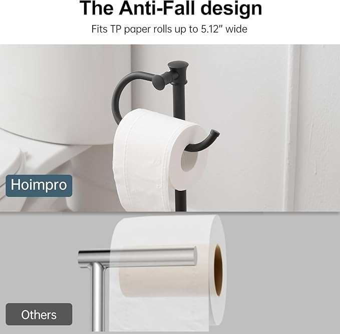 Hoimpro 25" Toilet Paper Holder Free Standing, Floor Bathroom Toilet Paper Tissue Roll Holder with Shelf Stand for 4 Rolls, with Storage, Freestanding Handle Hardware Accessories Rack Matte Black