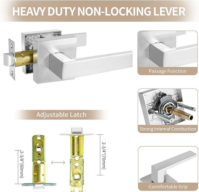 Square Passage Door Lever, Heavy Duty Interior Door Handles for Hallway& Closet Non-Locking Door Knob in Satin Nickel Keyless Door Lockset for Right & Left Side Door, 2 Pack