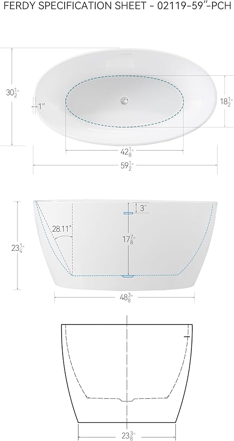 FerdY Tahiti 59" Acrylic Freestanding Bathtub, Elegant Oval Shape Bathtub, Glossy White, Polished Chrome Drain & Integrated Slotted Overflow Assembly Included cUPC Certified
