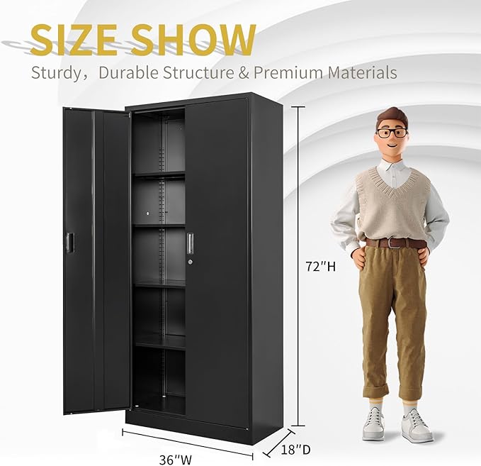 Metal Storage Cabinet, 72 Inch Tall Metal Storage Cabinet with Doors and Shelves, Pantry Cabinets for Kitchen Storage, Garage Cabinet for Living, Dining Room, Assemble Required.