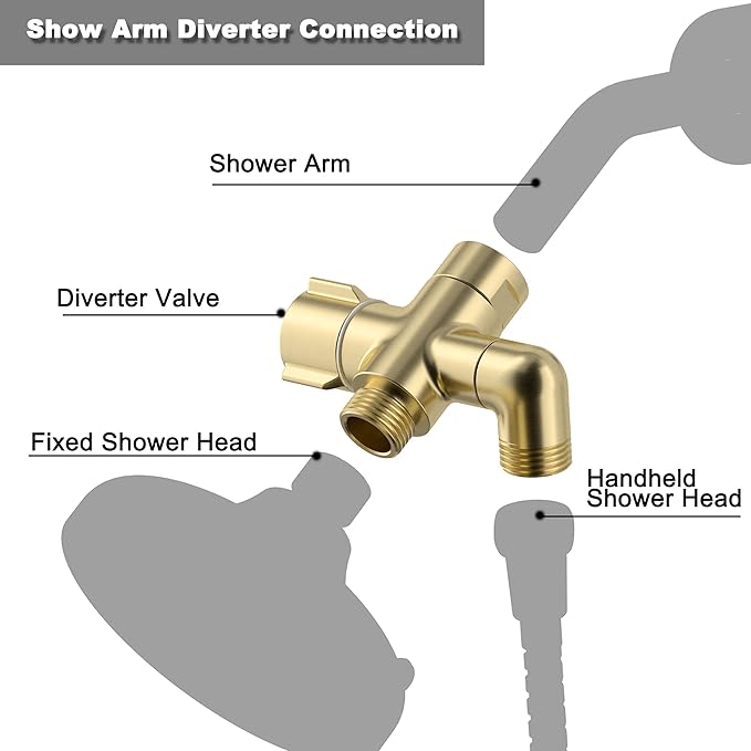 Solid Brass 3-Way Shower Arm Diverter Valve for Handheld Shower Head and Fixed Spray Head, G1/2 Universal Bathroom System Component Replacement Part (Brushed Gold)