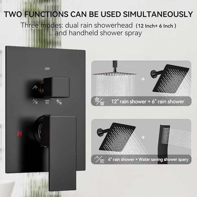 Shower Faucet Set Matte Black Shower Systems, STARBATH 3 Way Shower Faucet with 2 in 1 Handheld, Ceiling Mount 12+6" Dual Rain Shower Head for Two People, Shower Valve with 5 Diverter Complete
