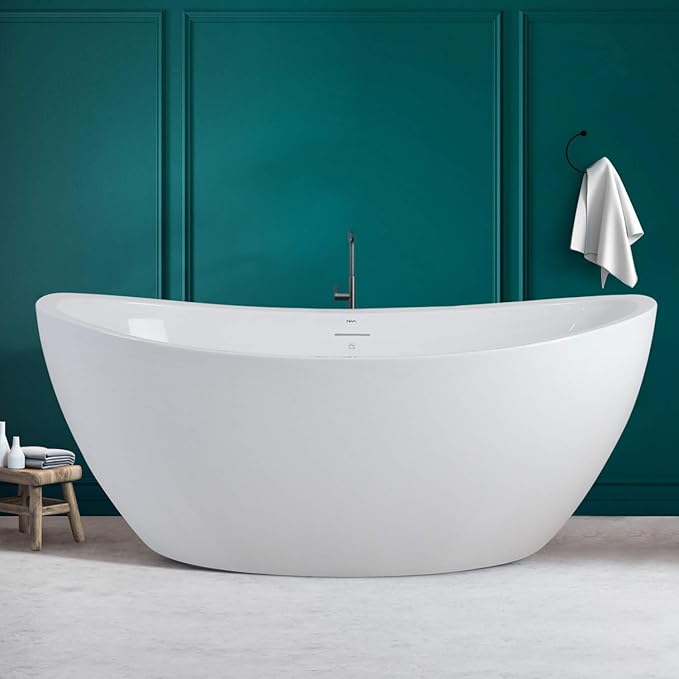 FerdY Naha 67" Freestanding Bathtub, Curve Edge Soaking Bathtub with Brushed Nickel Drain and Minimalist Linear Design Overflow, Easy to Install 588