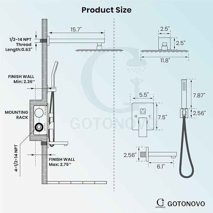 gotonovo Shower System with Tub Spout Wall Mounted Rain Shower Head and Handle Combo Shower Faucet Set with Valve, 12 Inch, Matte Black