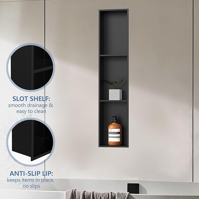 Homevacious 8" X 36" Stainless Steel Shower Niche No Tile Needed Matte Black 3 Tier Bathroom Shelf Rimless Recessed Wall Niche for Bathroom Storage