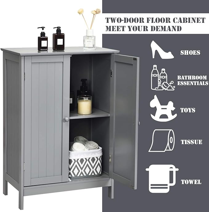 Tangkula Freestanding Storage Cabinet with Double Doors and Shelf, Modern Home Furniture, Wooden Organizer for Living Room and Bathroom, Grey