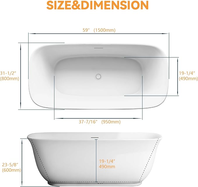 59" Acrylic Freestanding Bathtub, Soaking Tub for Bathroom, Stand Alone Tub, cUPC Certified, Integrated Overflow and Drain, Gloss White