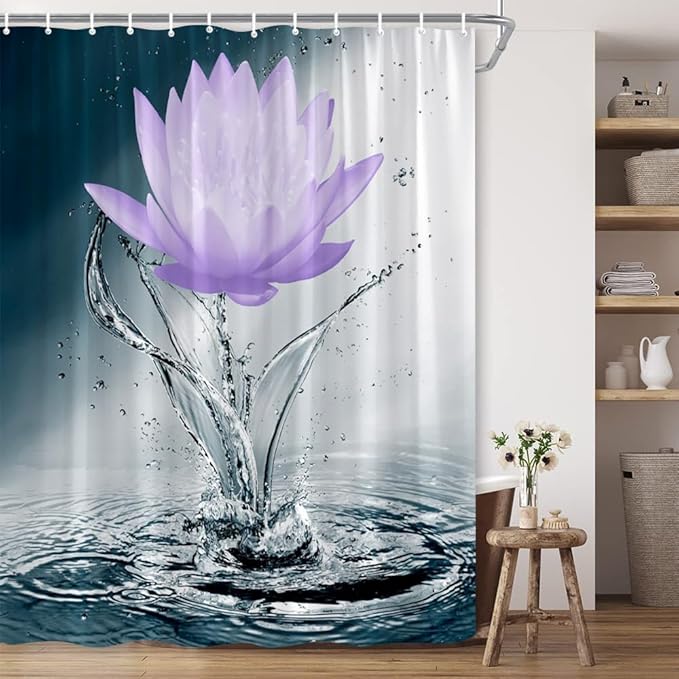 Lotus Shower Curtain Black White Blue Violet Flower Elegant Blooming Floral with Dew Spring Flower Reflection on Water Modern Romantic Polyester Fabric Bathroom Decor 60×70 Inch with Hook