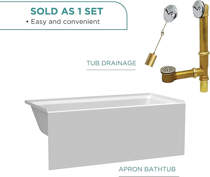 Fine Fixtures Acrylic, Fiberglass Alcove Soaking Bathtub with Integral Apron Front - Drain Included (72" x 32", Right Hand, White)