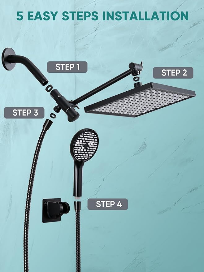 Cobbe 11.8 Inch Rain Shower Head with 6 Modes Handheld Water Spray，High Pressure Showerhead Combo with 11 Inch Adjustable Extension Arm, Black