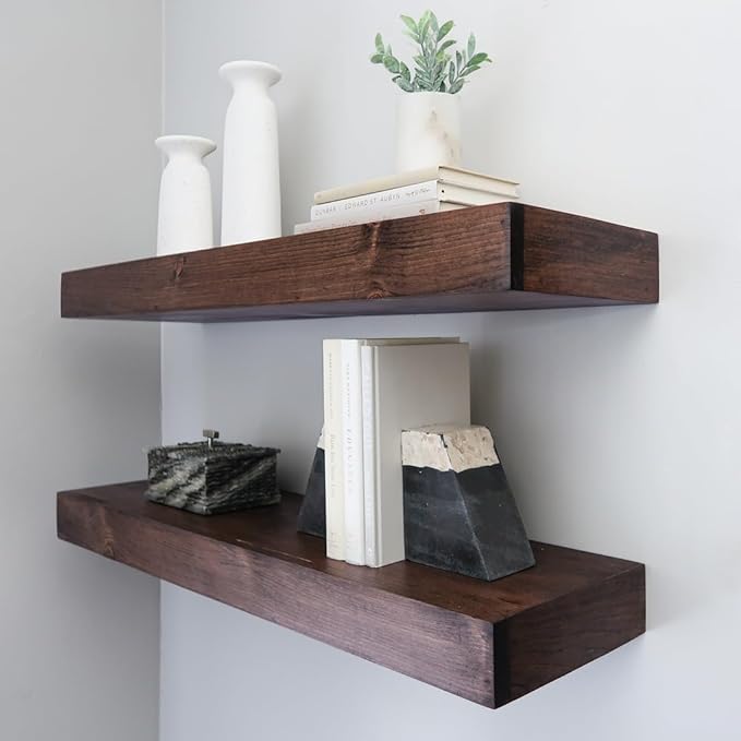 Urbandi Modern Floating Shelves 3 Inches Thick for Wall, Wide Shelves for Kitchen, Living Room, Bedroom, and Bathroom, Natural Pine Wood, Rustic Wooden Shelf, (Set of 2) (Provincial, 36Lx3Hx6D)