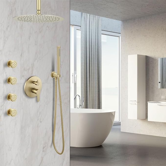 Brushed Gold Round Shower Faucet Set with Body Jets 10 Inch Shower Head Handheld Shower Combo Set High Pressure Ceiling Mount with Rough-in Valve
