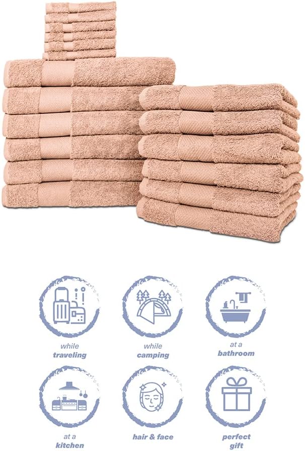 Hencely 18-Piece Bath Towel Set - High Absorbency, Quick Drying - 100% Soft Turkish Cotton - 6 Bath Towels, 6 Hand Towels, 6 Washcloths - for Bathroom, Home, Hotel, Spa, and Gym - 18-Pack Dark Peach