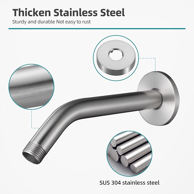 Cobbe Shower Arm with Flange and Teflon Tape, 10-Inches Wall Mounted Shower Pipe Arm 304 Stainless Steel Extension for Fixed Shower Head, Brushed Nickel