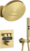 Lefton Shower System in Fahrenheit Display (Battery-free), 13” Overhead Round Rainfall Shower Head with All-in-one Handheld Spray Showerhead, 4-in-1 Control System, SSWM2501 (Brushed Gold)