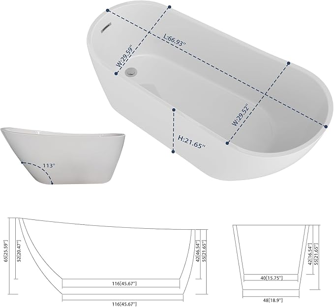 Sarlai 67 Inch Acrylic Freestanding Soaking Bathtub Contemporary Soaking White Tub Stand Alone Ergonomic Bathtub with Chrome Drain and Overflow