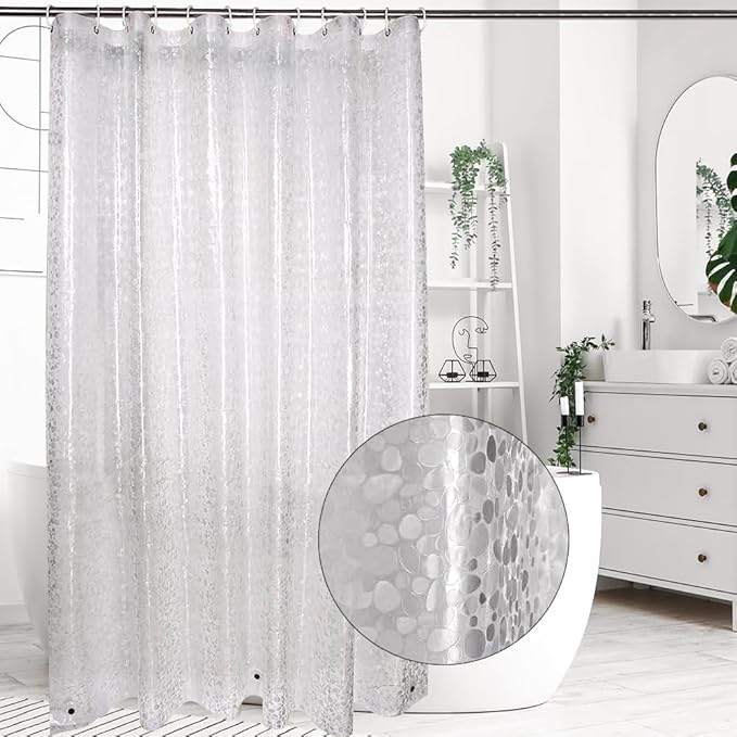 WELTRXE Shower Curtain Liner Waterproof, 8G Thick EVA, Heavy Duty Shower Liner with Magnets, 3D Pebble Bath Curtain for Stall, Bathtubs Bathroom, 72 x 72, 12 Hooks