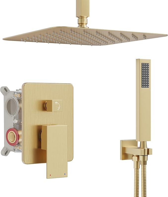 Ceiling Mount Shower Faucet Set, Gold Shower System with 10-Inch Rain Showerhead and Handheld Spray Combo, High-Pressure Showerheads Set with Valve and Trim Kit, Brushed Gold