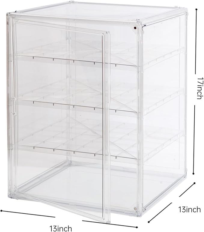 3X-Large 4 Tiers 17.7"X13"X13" Acrylic Display Case with 3 Division Boards, Clear Organizer Box Plastic Holder with Magnetic Door for Handbags, Purses, Boots, Figures, Book