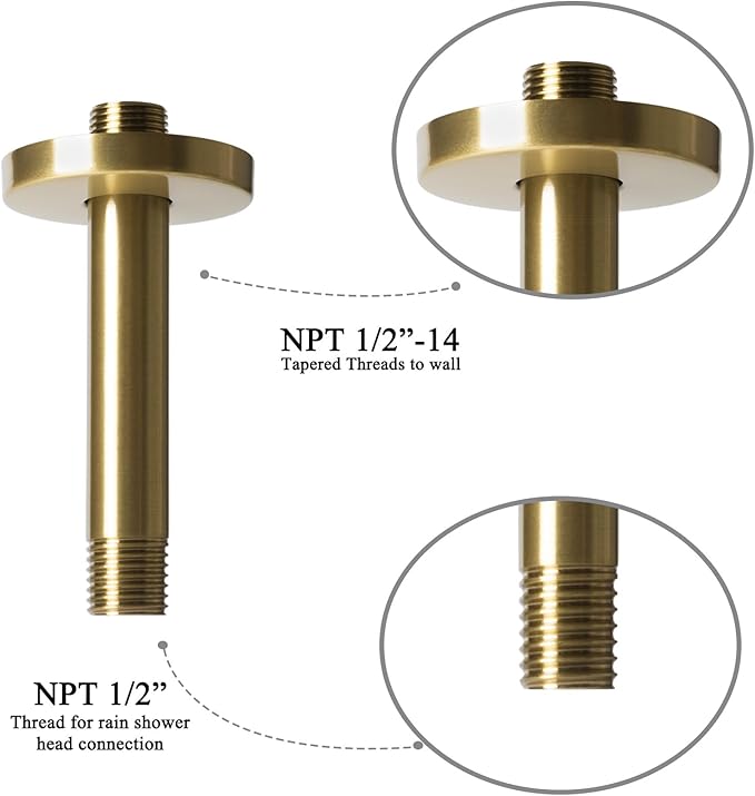 6 Inch Shower Arm with Flange, Ceiling Mounted Shower Head Extension Arm, 1/2 NPT Straight Arm for Rain Shower Head, Stainless Steel Shower Head Extension Replacement Pipe Arm, Brusheed Gold