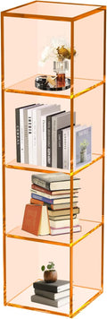 42.5" Acrylic Bookcase, 4-Tier Floor Standing Clear Acrylic Bookshelf, Sturdy Open Display Storage, Clear Bookshelf, Modern High Transparency Organizer for Bedroom, Bathroom, Home Office, Orange