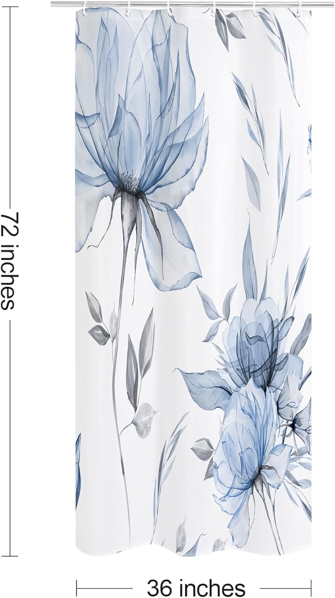 Small Stall Boho Watercolor Floral Shower Curtain 36 x 72, Blue and Grey Ink Painting Style Flower Shower Curtains for Chic Elegant Bathroom, Artistic Narrow Half Size Shower Curtain