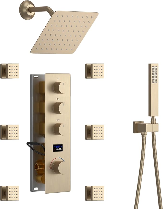 Digital Shower System Brushed Gold Shower Faucet Set with Wall Mount 8 inch Shower Head and 6 PCS Body Jet, Handheld Shower, with Tempreature Display Function