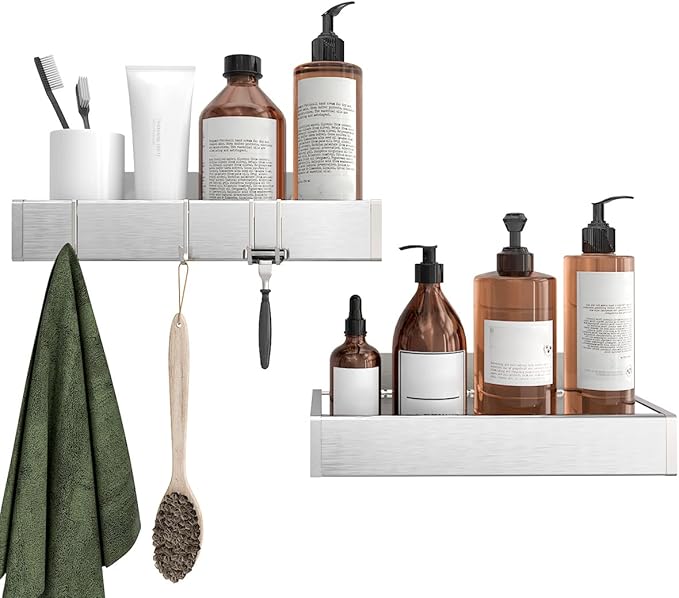 Bathroom Adhesive Shower Caddy Basket Shelf with Hooks, No Drilling Removable Bathroom Shelf Organizer,Stainless Steel Rustproof Shower Rack for Shampoo Storage, Sponge Holder-Silver