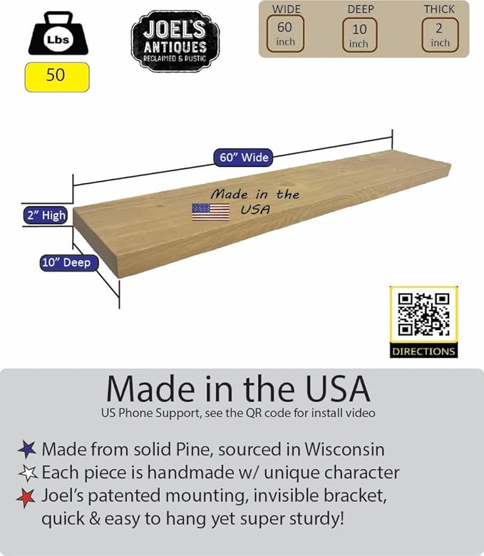 joelsantiques 60 Inch Wooden Floating Shelves for Wall - 60x10x2 in - Made of Natural Wood - Long Heavy Duty Rustic Wall Shelves for Bedroom - Perfect for Living Room, Kitchen - Beige