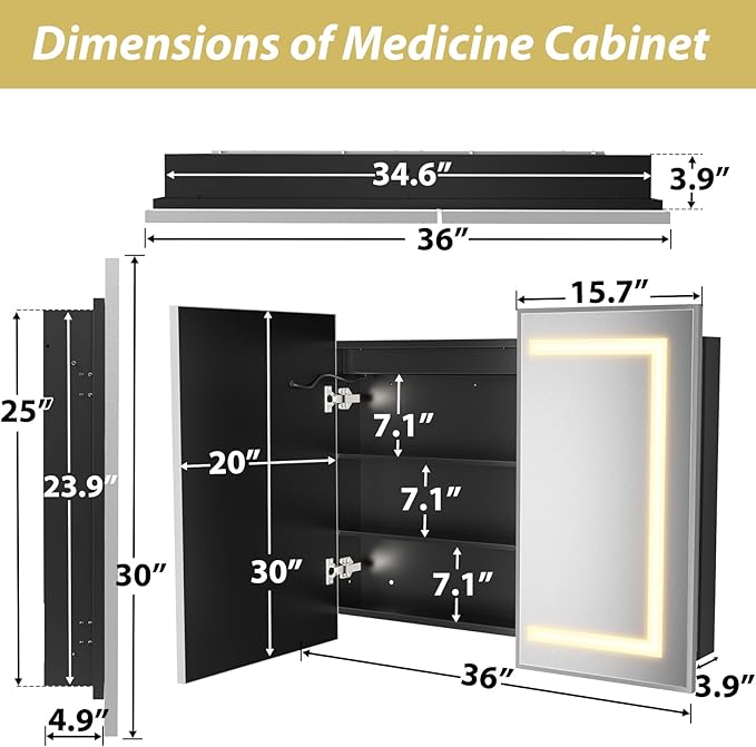 APRILSOUL 36X30 Inch Silver Bathroom Medicine Cabinet with Mirror, Recessed or Surface Lighted Medicine Cabinet with 3 Colors Temperature, Dimmable Light