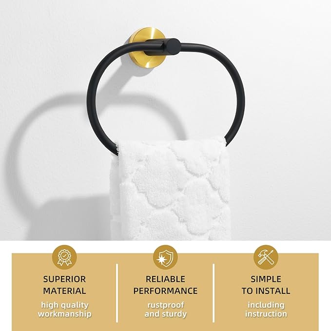 Angle Simple Towel Ring Swivel, Stainless Steel Bathroom Hand Towel Holder Rack Hanger for Wall, Black and Gold
