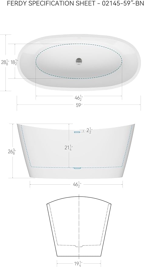 FerdY Naha Elite 59" Acrylic Freestanding Bathtub, Curve Edge Freestanding Soaking Bathtub, Glossy White, cUPC Certified, Brushed Nickel Drain & Minimalist Linear Design Overflow Included, 02588