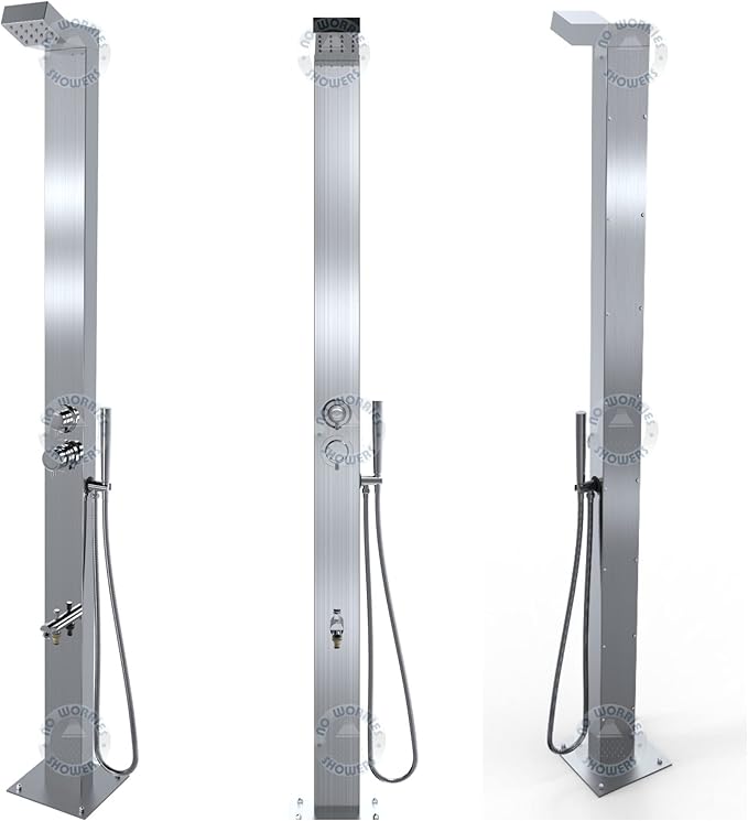 Bondi Silver ADA 316 Marine Grade Stainless Steel Outdoor Shower Panel-No Rust! Perfect for Swimming Pools. Hot & Cold Water Connections! Wall-Mounting & Freestanding Options