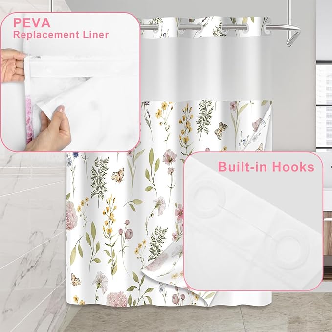 No Hook Shower Curtain Set with Snap in Fabric Liner for Bathroom,with See Through Top Window,Double Shower Curtain with Detachable Liner Replacement,Machine Washable,Floral,71x74inch