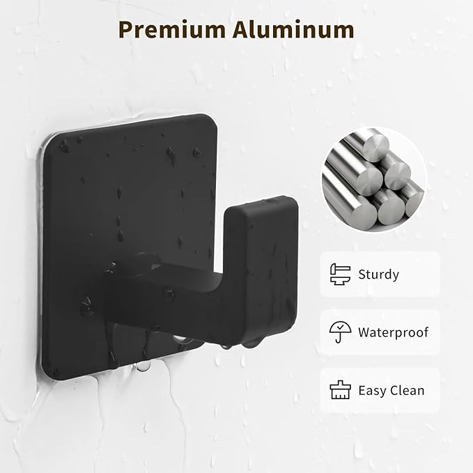 Square Self Adhesive Towel Hooks - 4 Pack Matte Black Metal Hooks, Right-Angle Design for Towels, Robes & Hats, Organize Bathroom, Kitchen, Entryway, Doors, Cabinets on Smooth Surfaces