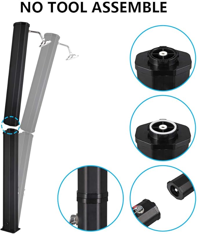 VINGLI Solar Heated Shower, 9.3 Gallon Outdoor Shower with Shower Head and Foot Shower Tap，for Outdoor Backyard Poolside Beach Pool Spa,Black (9.3 Gallon)
